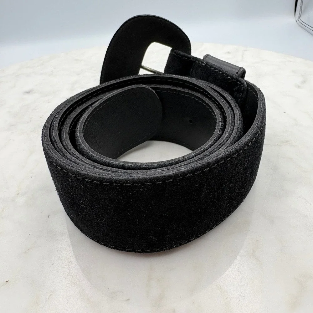 Vintage Suede Tassel Belt Women XL Black Gold Wide Waist Cinch 80s 90s Leather